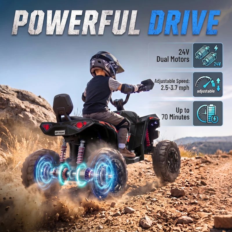 Qaba 24V 2 Seater Ride On Toys, Kids ATV 4 Wheeler with Dual Motors, High & Low Speed for Boys Girls Aged 3-8 Years, Black