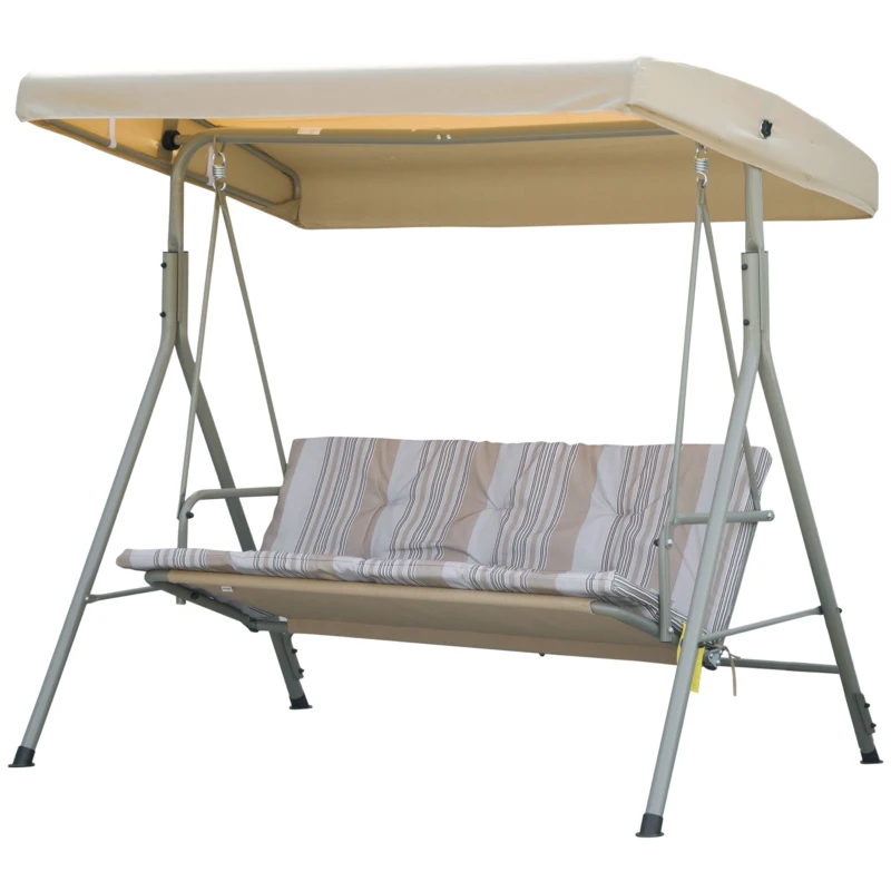 Outsunny 3-Seat Patio Swing Chair, Outdoor Porch Swing Glider with Adjustable Canopy, Light Brown
