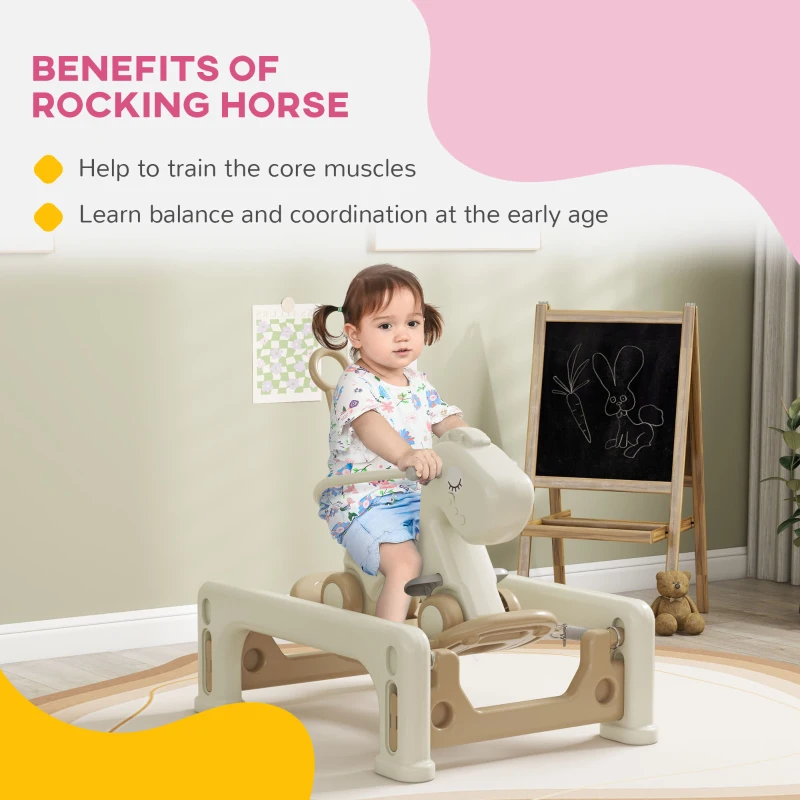 Qaba 5 in 1 Rocking Horse for Toddlers 1-3 Years with Detachable Balance Board, Push Handle, Footrest, Cream White
