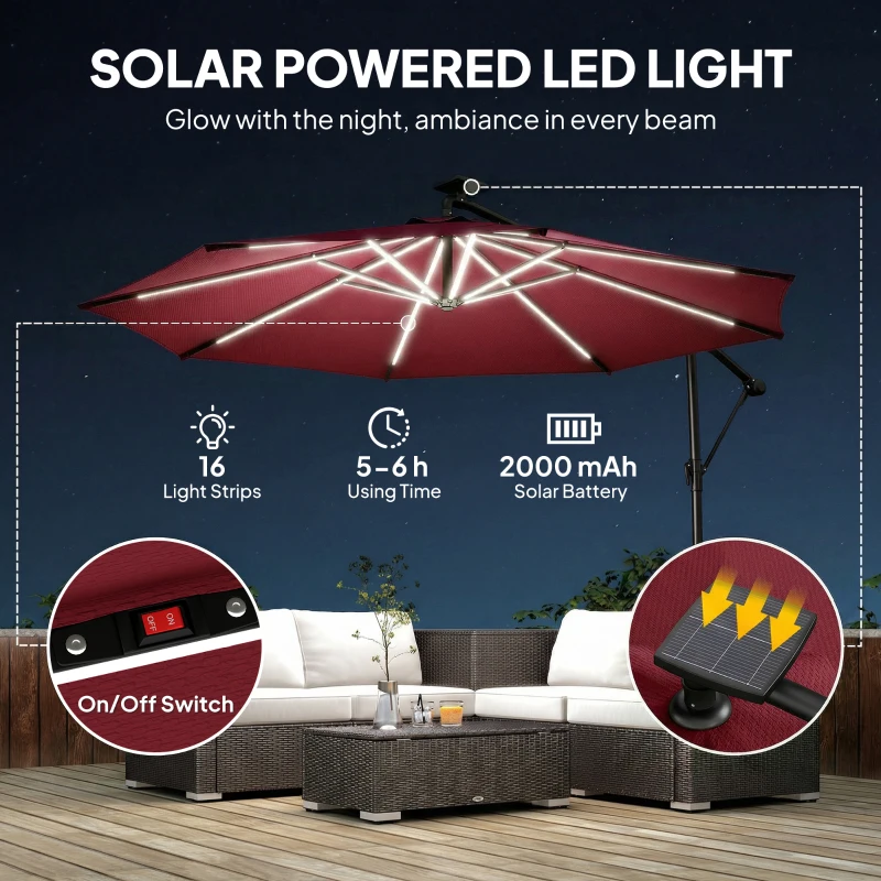 Outsunny 10 ft Offset Patio Umbrella with Solar Light, Garden Hanging Parasol with 360° Rotation, Tilt, Cover, Wine Red