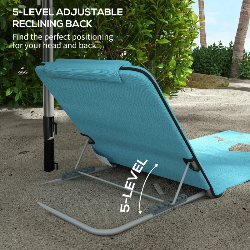 Outsunny 2 Pieces Beach Lounge Chair, Outdoor Folding Chaise Lounge Set w/ Pillow for Sunbath, Snap, Blue