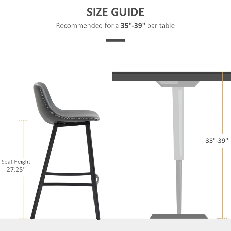 HOMCOM 27.25" Counter Height Bar Stools, Industrial Kitchen Stools, Upholstered Armless Bar Chairs with Back, Steel Legs, Set of 2, Gray