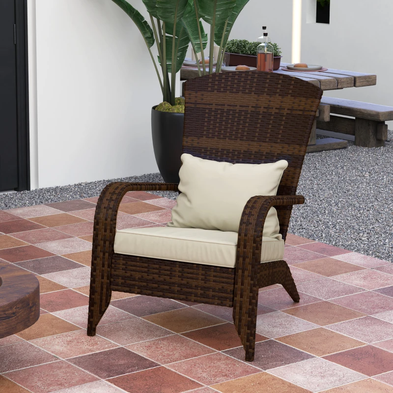 Outsunny Patio Adirondack Chair with Rattan Wicker, Soft Cushions, Tall Curved Backrest for Deck or Garden, Cream White