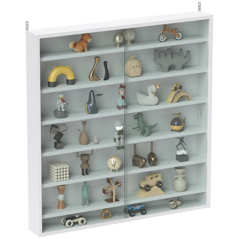 HOMCOM 7-Tier Display Cabinet, Shot Glass Display Case, Glass Curio Cabinet with 2 Glass Doors and 6 Adjustable Shelves, White