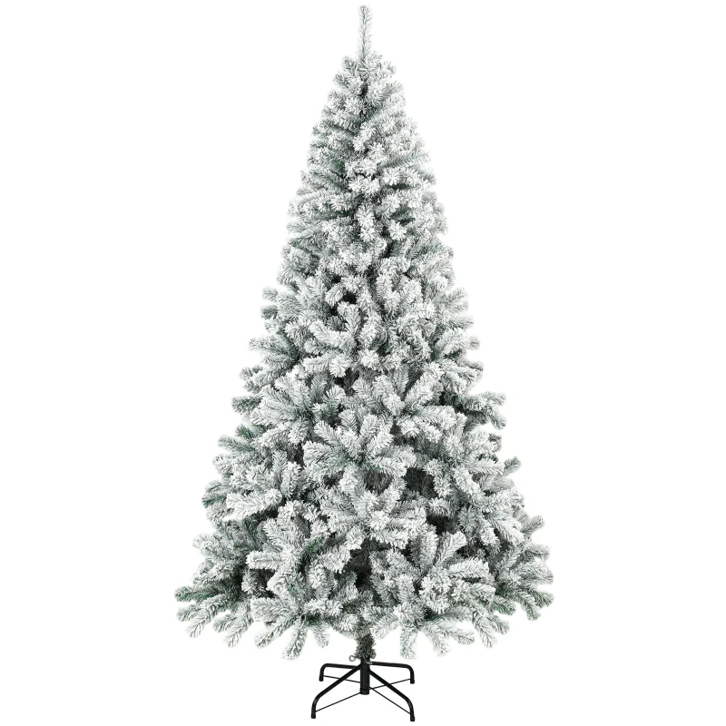 HOMCOM 7ft Snow Flocked Christmas Tree with 1000 Branch Tips, Hinged Design, Artificial Fir Xmas Tree, Green and White