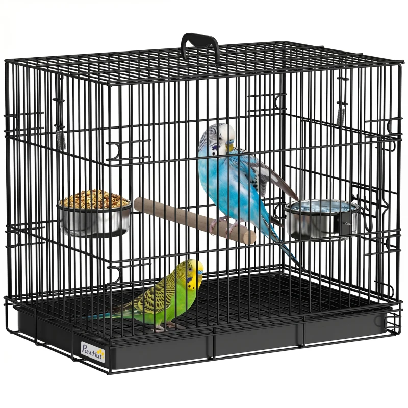 PawHut Bird Cage Portable w/ Slide-Out Tray Travel Cage for Parakeets w/ Perch & Food Bowls Black