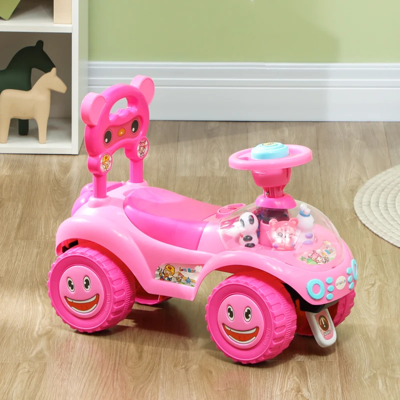 Qaba Toddlers Push Car with Horn, Light, Music, Anti-Over-Backwards Device, Steering Wheel, Under Seat Storage, Pink