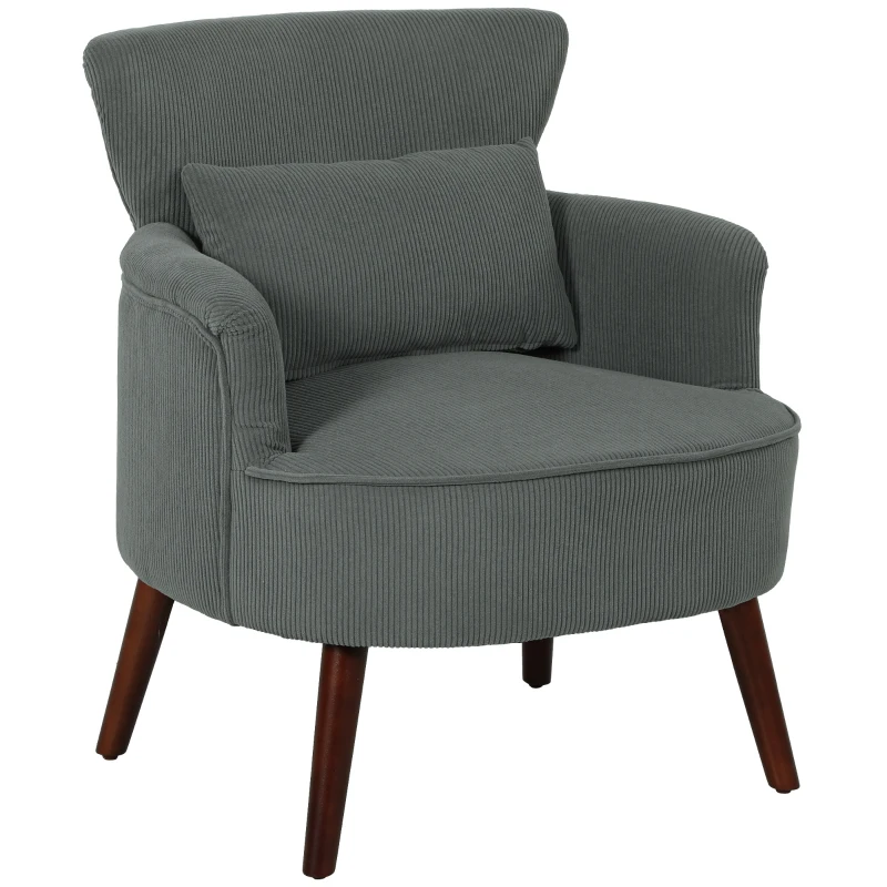 HOMCOM Modern Accent Chair, Upholstered Armchair with Solid Wood Legs and Lumbar Pillow for Living Room, Grey
