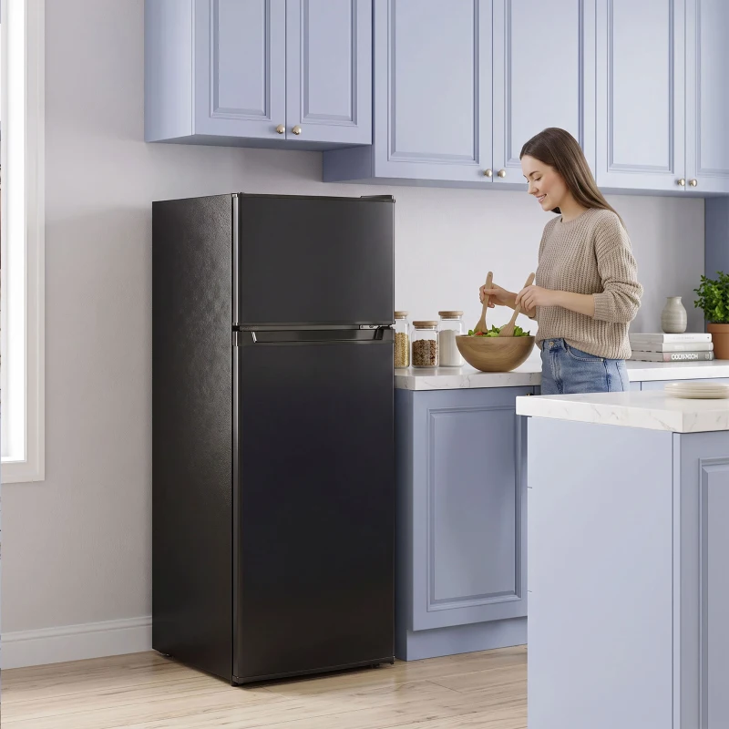 HOMCOM 7.7 Cu. Ft. Mini Fridge with Freezer, Compact Refrigerator with Adjustable Thermostat, Reversible Door, Black