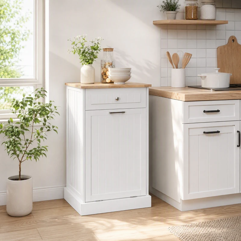 HOMCOM 10 Gallon Tilt Out Trash Cabinet, Wooden Hidden Trash Can with Storage Drawer for Kitchen, Laundry Hamper Cabinet for Bathroom, White