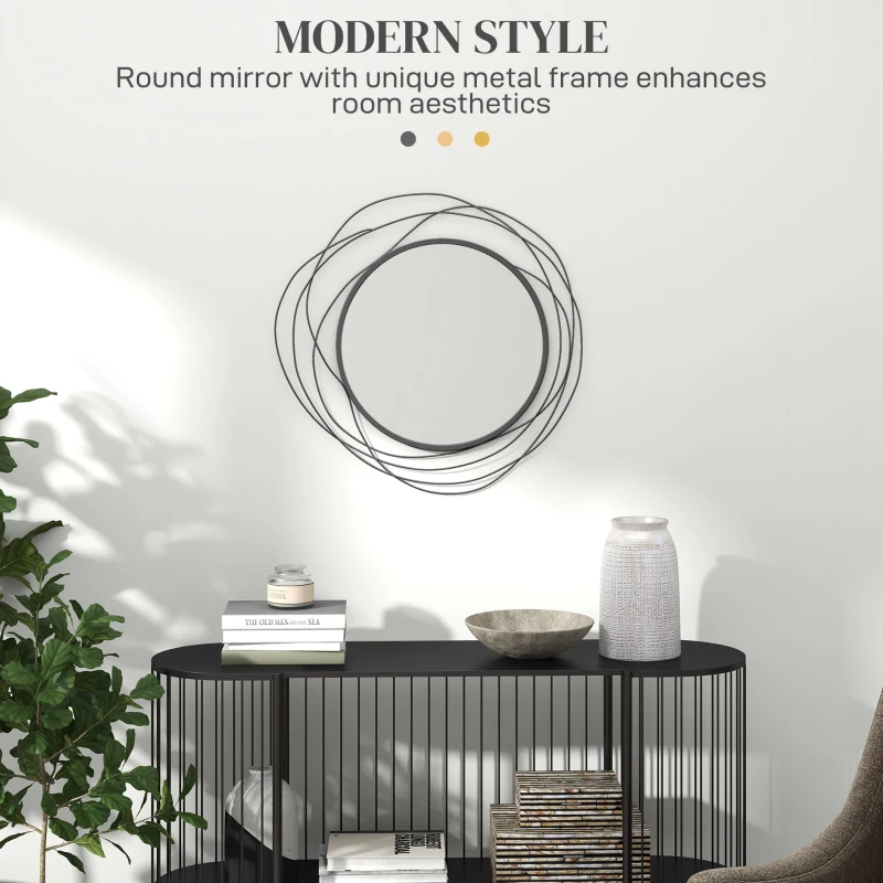 HOMCOM 25.6" Circle Mirror for Wall, Modern Metal Wall Art for Living Room, Bedroom and Dining Room, Black