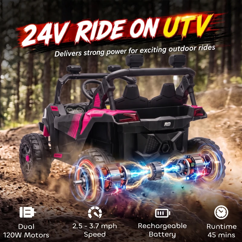 Qaba 24V 2 Seater Ride On Truck Car for Big Kids with Remote Control, Dual Motors, 4-Wheel Suspension for Ages 3-8, Pink