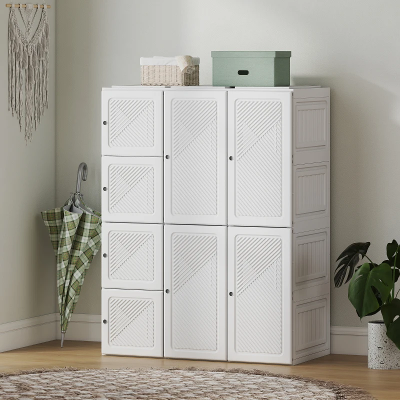HOMCOM Portable Wardrobe, Foldable Plastic with 8 Compartments, 2 Hanging Rods and Magnetic Doors, White