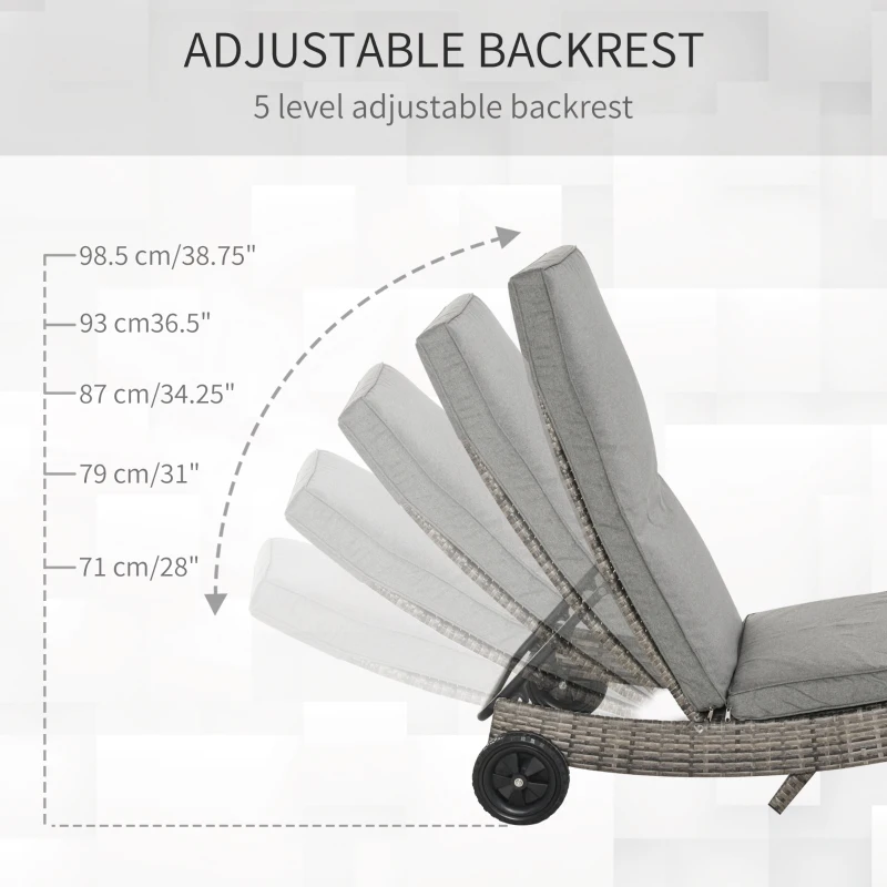 Outsunny Outdoor Adjustable Wicker Chaise Lounge Chair with Cushion & Wheels for Patio, Deck, Poolside, Grey