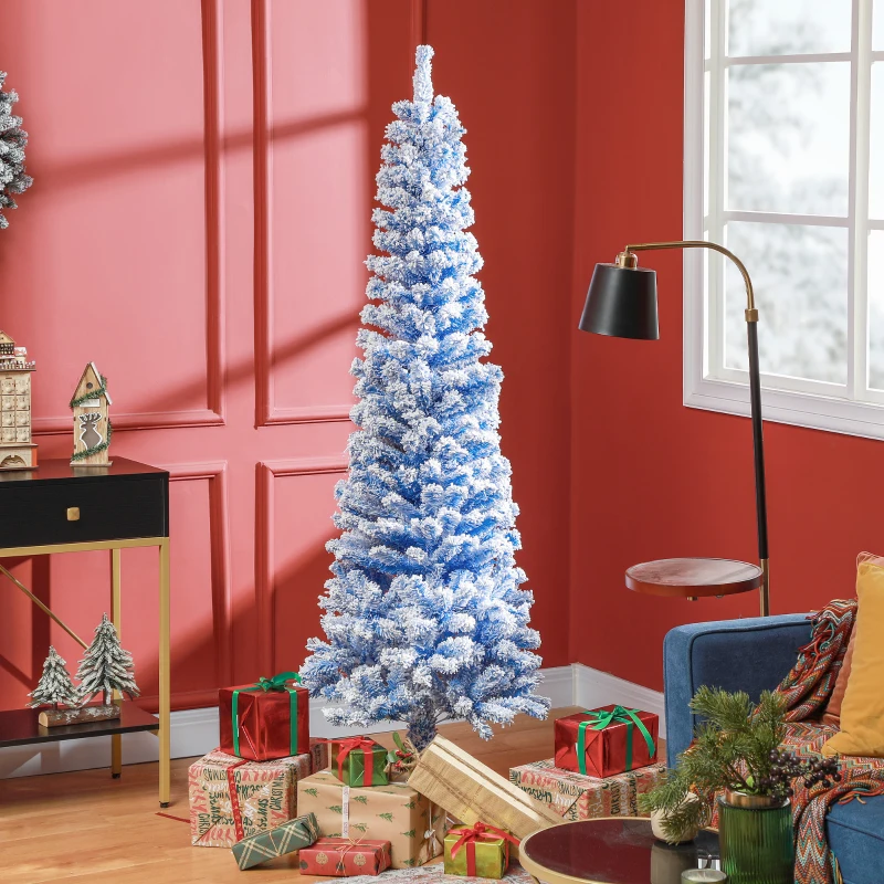 HOMCOM 6ft Flocked Christmas Tree, Pencil Christmas Tree with Realistic Branch Tips, Folding Metal Stand, Blue
