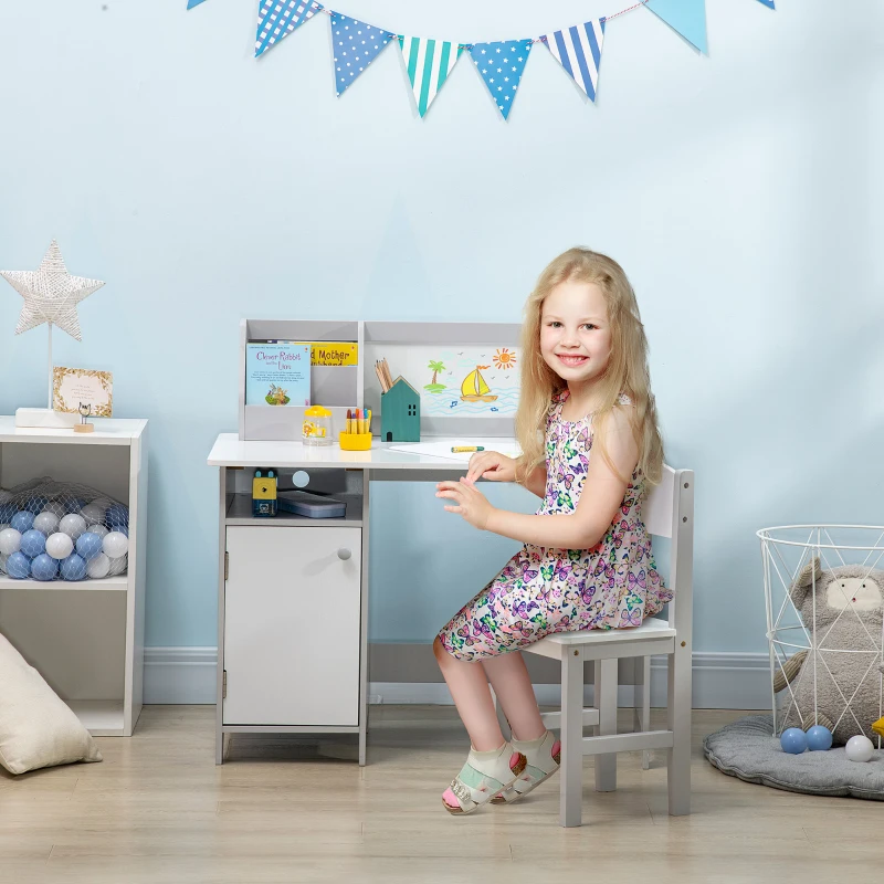 Qaba Toddler Table and Chair Set, Kids Writing Desk Homework Table with Whiteboard, Storage Cabinet, Gray