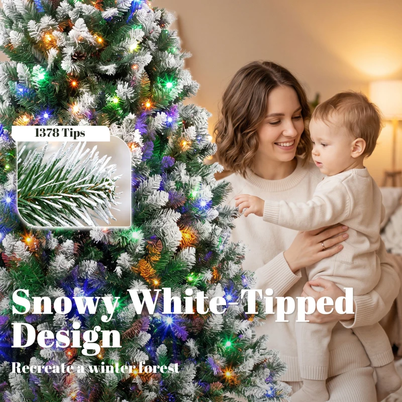 HOMCOM 7.5ft Pre-lit Artificial Christmas Tree White-Tipped Hinged Full Xmas Tree with 1378 Tips