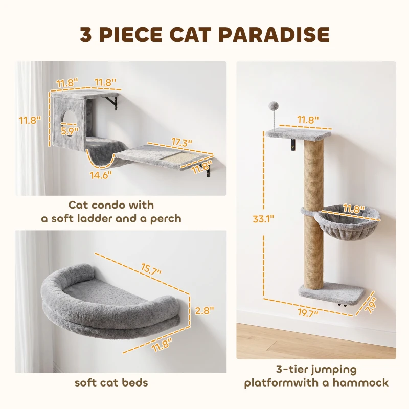 PawHut 3-In-1 Cat Wall Shelves with Condo, Bed, Hammock, Scratching Post and Spring Ball, Gray