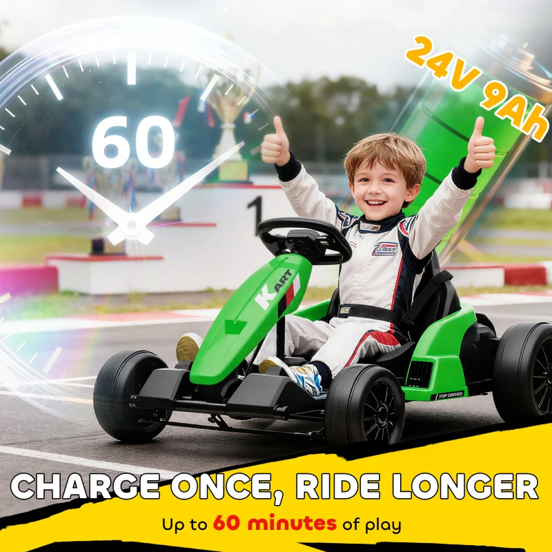 Qaba 24V Electric Go Kart with Dual 150W Motors, Adjustable Seat & 11.2MPH High Speed, Slow Start, 5-Point Harness, Green