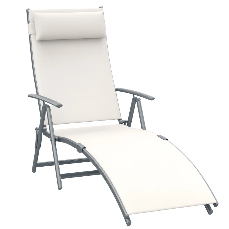 Outsunny Outdoor Folding Chaise Lounge Chair Steel Portable Recliner with 7 Adjustable Backrest Positions, Cream White