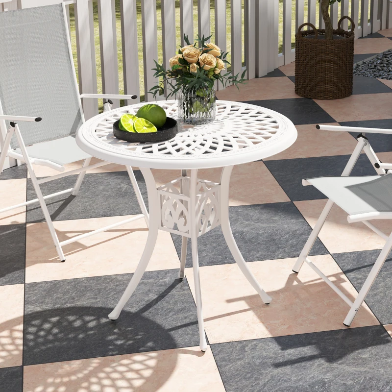 Outsunny 30-inch Round Patio Dining Table with Umbrella Hole Cast Aluminium Outdoor Bistro Table, White