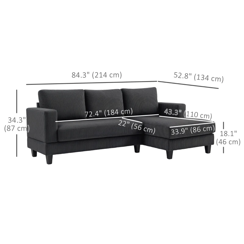 HOMCOM L Shaped Couch, L Shape Sofa with Chaise Lounge and Spring Cushion for Living Room, Bedroom, Grey
