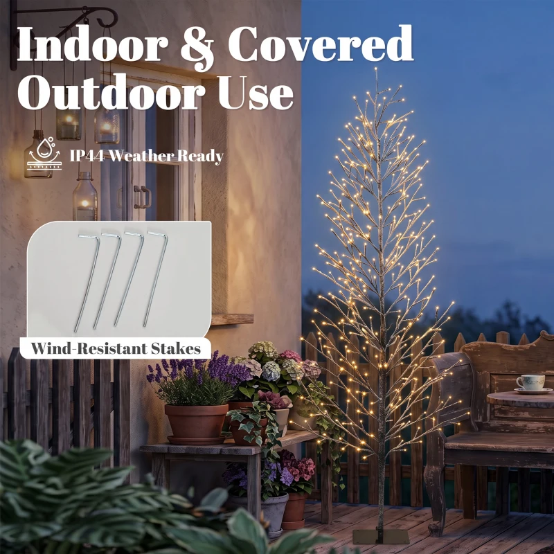 HOMCOM 6FT Lighted Snow-Flocked Twig Tree with Fairy Lights 328 LED, Artificial Tree for Home Indoor Sheltered Outdoor