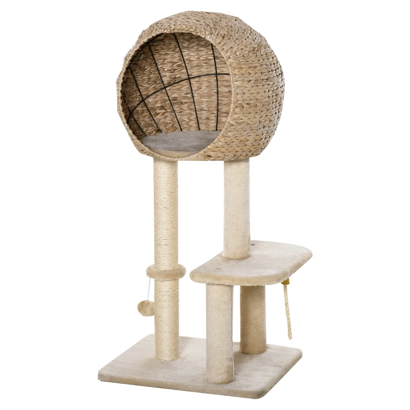PawHut Cat Tree with Sisal Scratching Post Condo and Hanging Rope 39" H, Beige