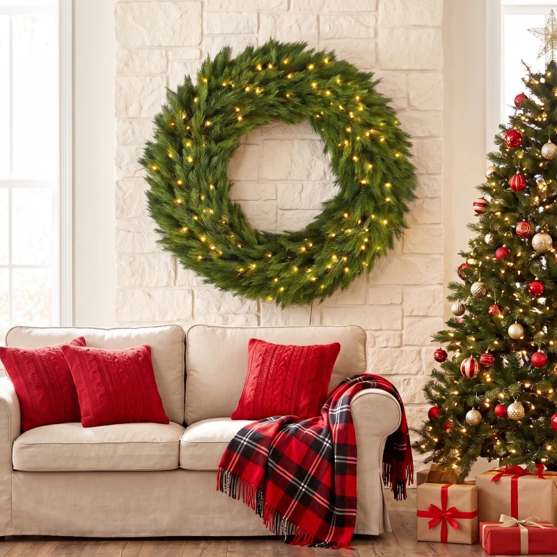 HOMCOM Christmas Decoration, 48 in Pre-Lit Norwegian Spruce Artificial Christmas Wreath with 150 LED Lights, Green