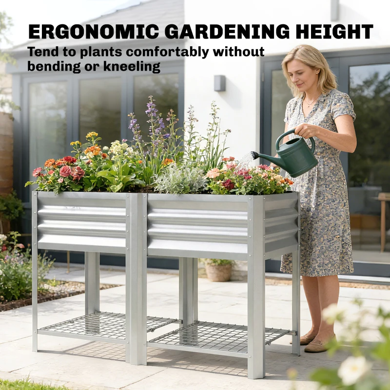 Outsunny Raised Garden Bed Galvanized Steel, Elevated Planter Box with Storage Shelf, Bed Liner, 31.5" High, Silver