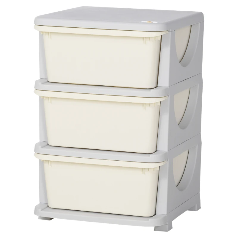 Qaba 3 Drawers Kids Storage Unit, 3 Tier Stackable Toy Organizers and Storage Chest, Cream White