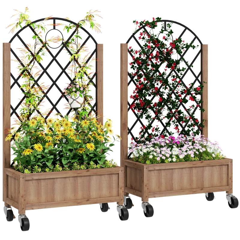 Outsunny Raised Garden Bed with Metal Trellis, Elevated Planter Box with Wheels and Drainage Holes, 20.5" x 9.8" x 38.2", Brown
