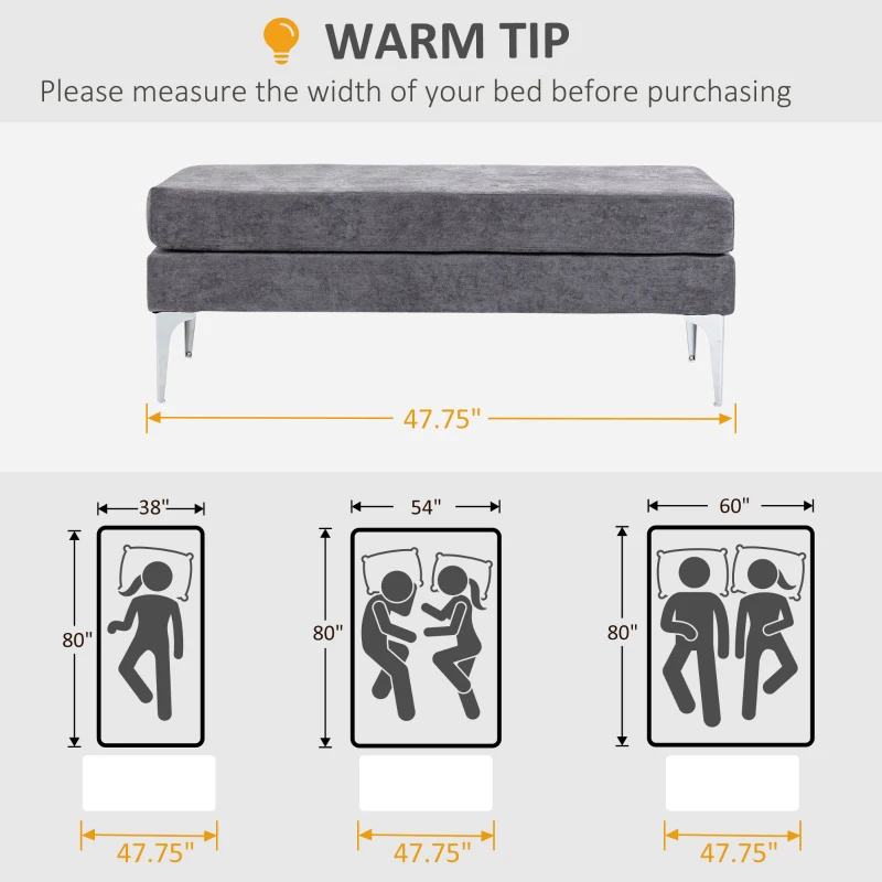 HOMCOM 48 Inches Upholstered Bedroom Bench, Modern End of Bed Bench with Double Layer Seat Cushions and Steel Legs, Dark Gray