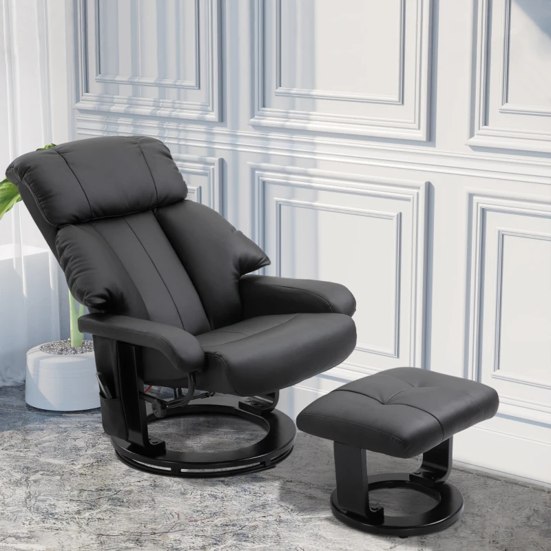 HOMCOM Massage Recliner Chair with Ottoman, 360° Swivel Recliner and Footstool, PU Leather Reclining Chair with Side Pocket and Remote Control, Black