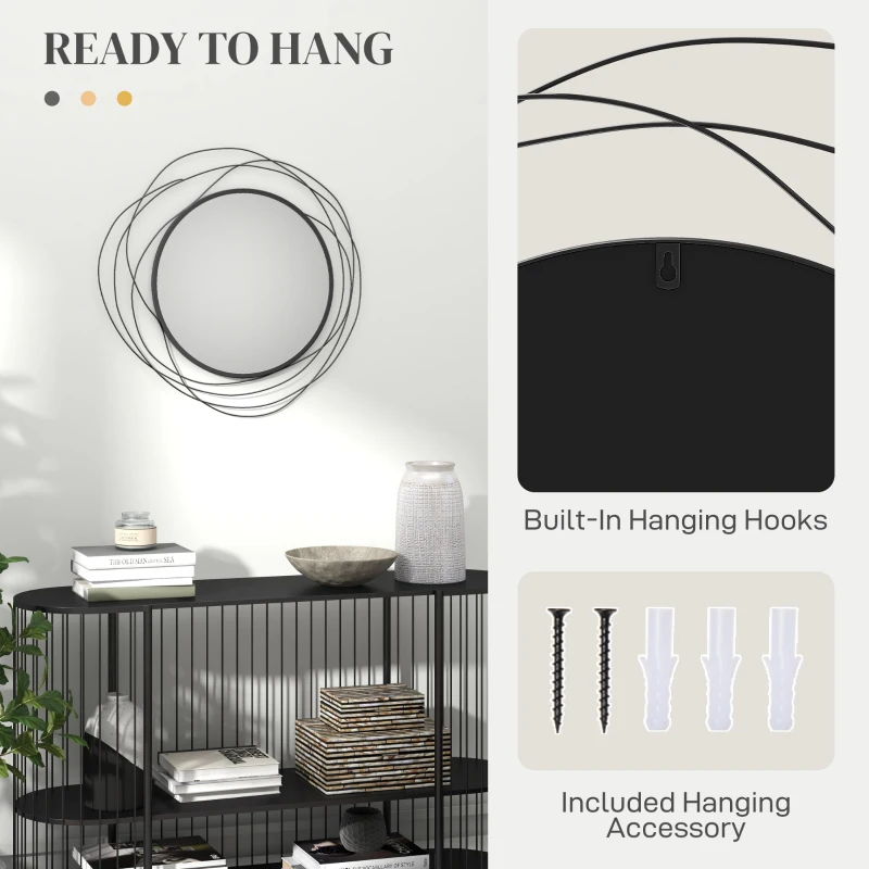HOMCOM 25.6" Circle Mirror for Wall, Modern Metal Wall Art for Living Room, Bedroom and Dining Room, Black
