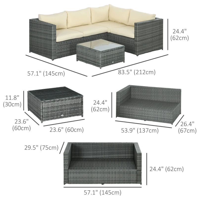 Outsunny 3 Pieces Rattan Wicker Outdoor Conversation Furniture Set w/ Loveseats Coffee Table Cushions for Garden, Patio, Beige