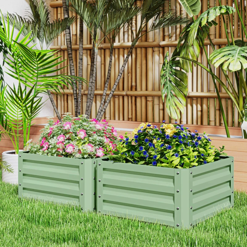 Outsunny Galvanized Raised Garden Beds, Outdoor Planter Box, Set of 2, for Flowers, Herbs and Vegetables, Light Green