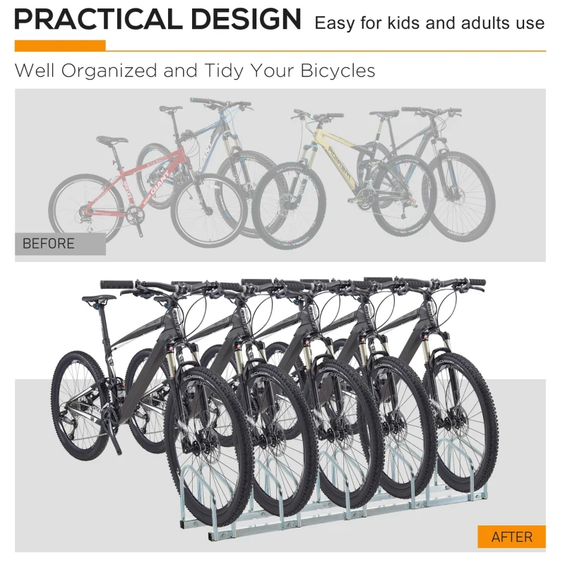 HOMCOM 5-Bike Bicycle Floor Parking Rack Cycling Storage Stand Ground Mount Garage Organizer for Indoor and Outdoor Use Silver