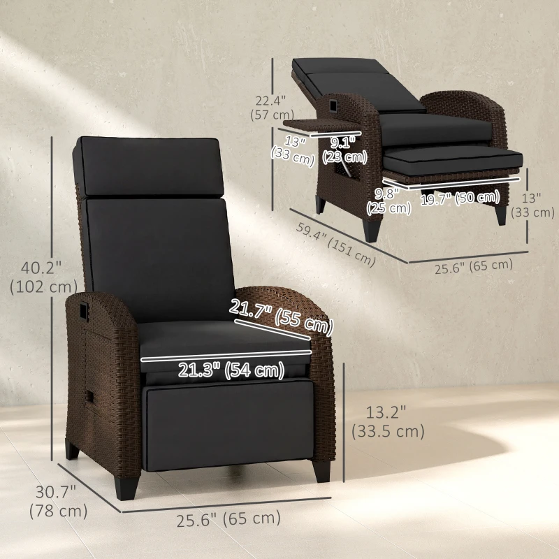 Outsunny Outdoor Recliner Chair with Adjustable Backrest, Cushion, Side Tray, Black