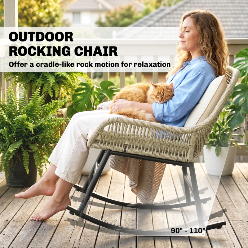 Outsunny 3 Piece Rocking Bistro Set Outdoor Patio Furniture Set with Cushions, Glass Coffee Table for Balcony, Cream White