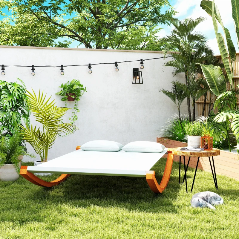Outsunny Rocking Double Sun Lounger Hammock with Curved Wooden Stand Outdoor Yard Patio, White Teak