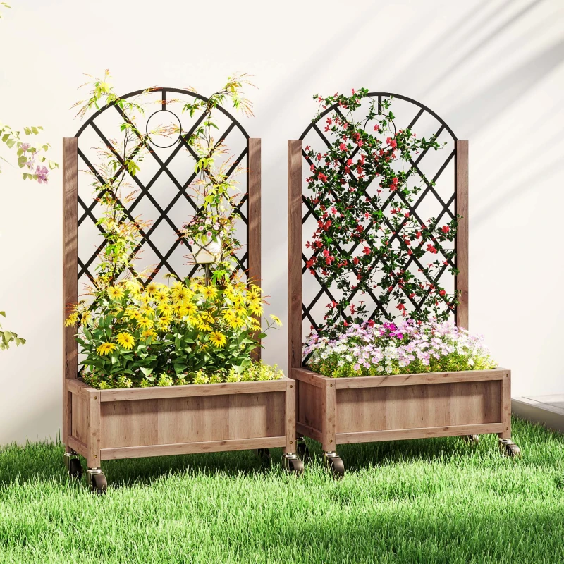 Outsunny Raised Garden Bed with Metal Trellis, Elevated Planter Box with Wheels and Drainage Holes, 20.5" x 9.8" x 38.2", Brown