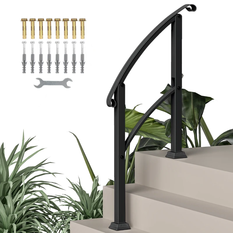 Outsunny 1-3 Step Metal Handrails for Outdoor Steps, Porch Deck Stair Railing with Installation Kit for Concrete Steps, Black