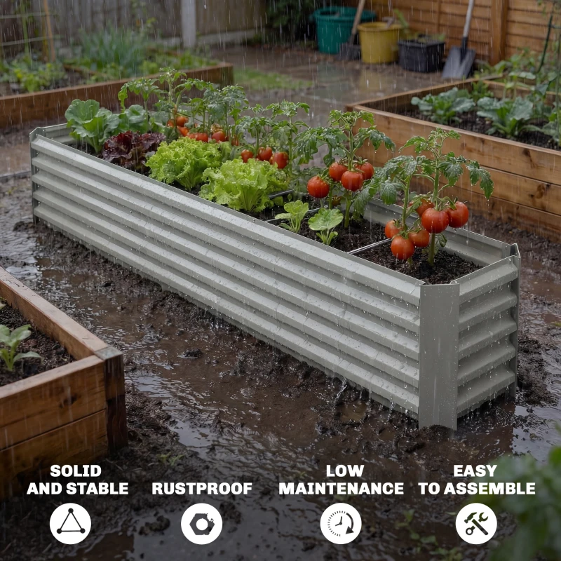Outsunny 8 x 1.3 x 1.5ft Galvanized Raised Garden Bed, Reinforced Outdoor Planter Box with Open Bottom, Light Grey