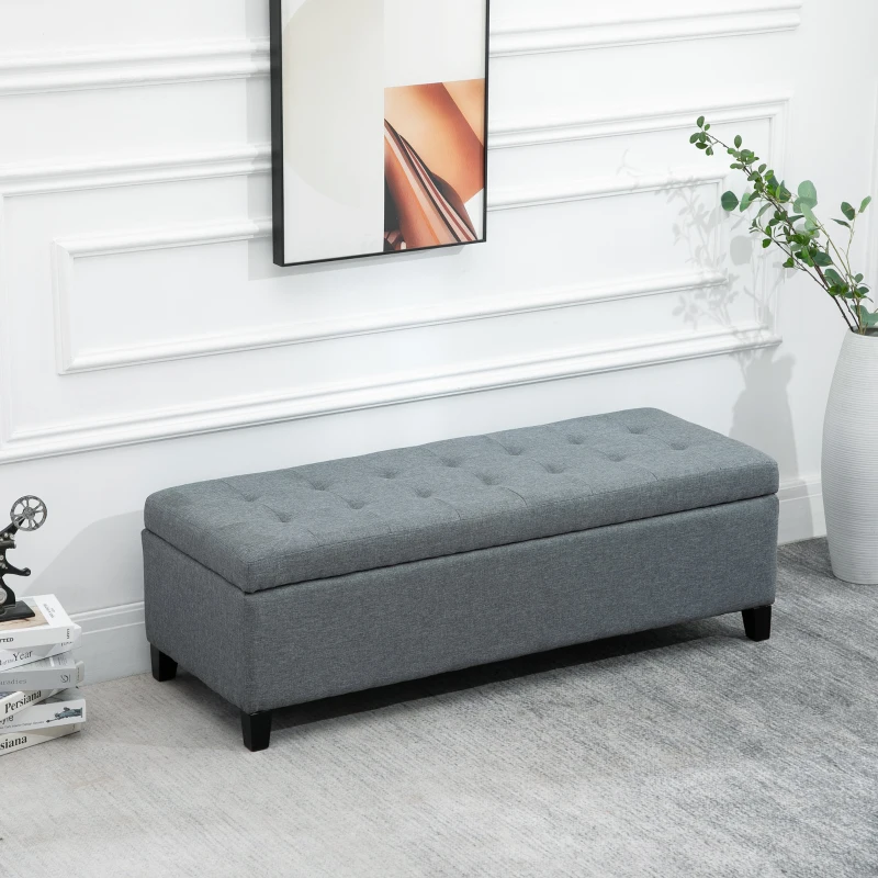 HOMCOM Rectangular Entry Bench, Tufted Upholstered Linen Fabric Wood Feet Storage Ottoman Bench, Grey