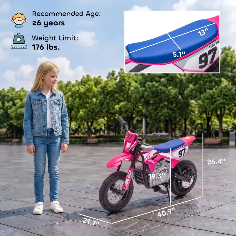 Qaba 36V Electric Dirt Bike for Kids with Brushless Motor, Up to 9.9 MPH, Inflatable Tires and Rear Suspension, Pink