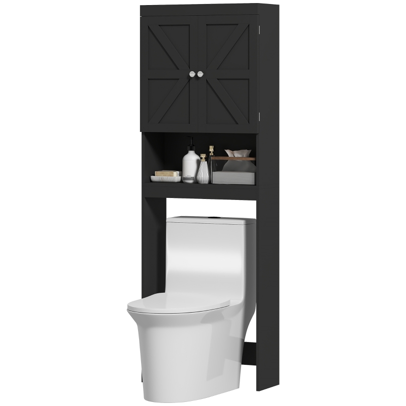 HOMCOM Over The Toilet Storage Shelf, Modern Bathroom Above Toilet Storage with Barn Doors and Open Shelf, Black