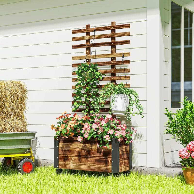 Outsunny Wooden Raised Garden Bed, Planter Box w/ Trellis and Metal Corners, Portable on Wheels for Patio, Backyard, Deck, Brown