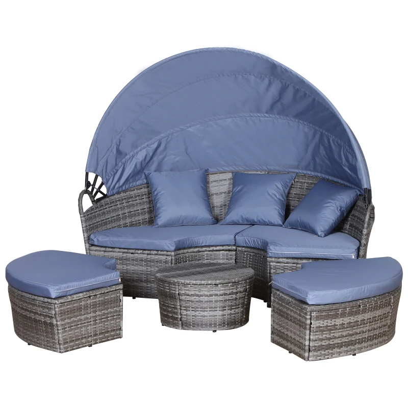 Outsunny 4pc Rattan Patio Furniture Set, Round Convertible Daybed or Sunbed, Adjustable Sun Canopy, Sectional Outdoor Sofa, 2 Chairs, Table, 3 Pillows, PE Plastic Wicker, Gray