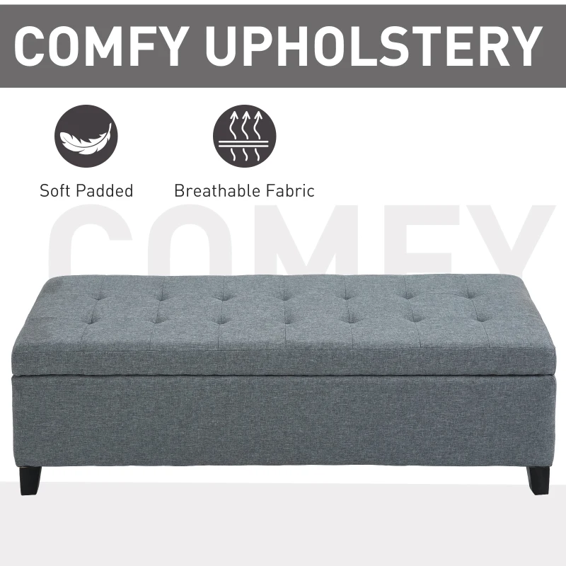 HOMCOM Rectangular Entry Bench, Tufted Upholstered Linen Fabric Wood Feet Storage Ottoman Bench, Grey